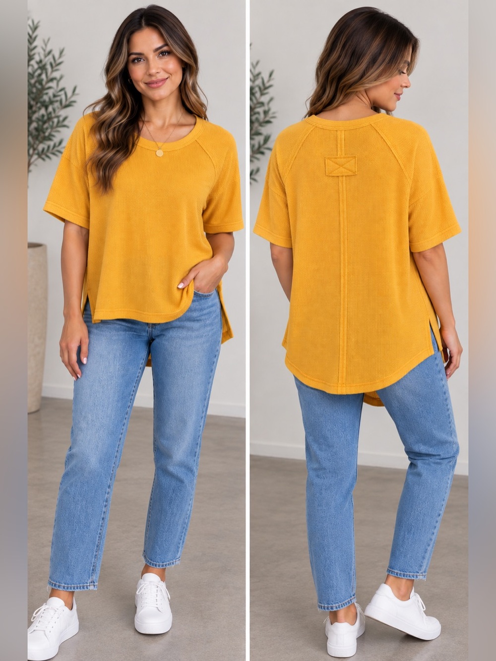 Zenana- Waffle Knit Short Sleeve Tee- Yellow Gold